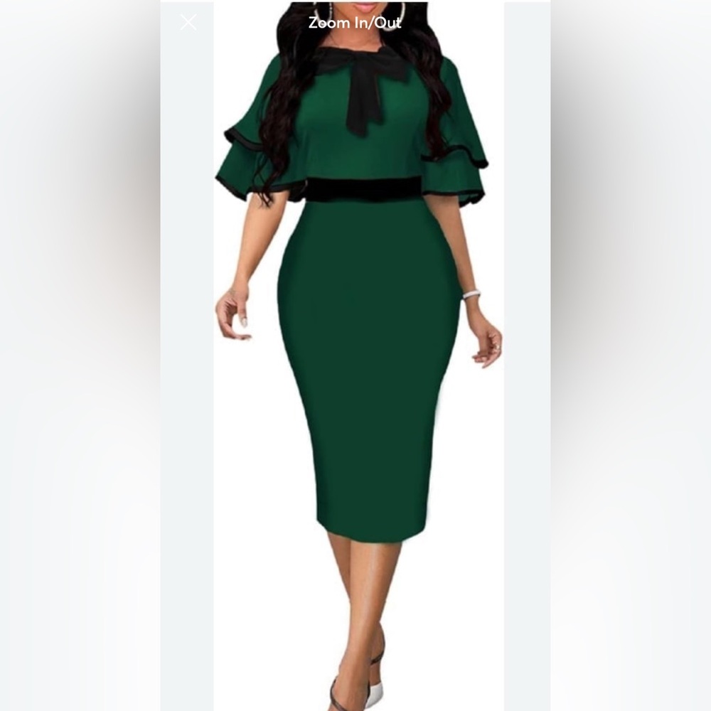 Xinlees Green Bodycon Pencil Dress Ruffle Sleeves Size M (8–10)